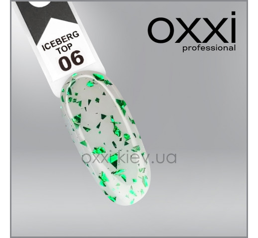 Топ для гель-лака  без липкого слоя Oxxi Professional Iceberg Top 6, прозрачный с зеленой поталью, 10 мл