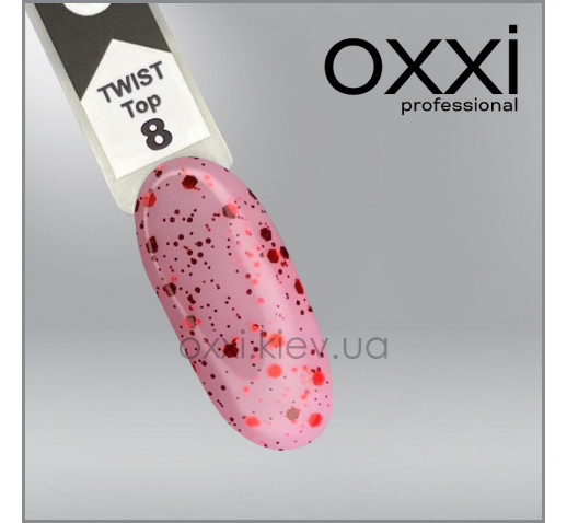 Топ для гель-лака Oxxi Professional Twist Top 8, прозрачный с красной крошкой, 10 мл