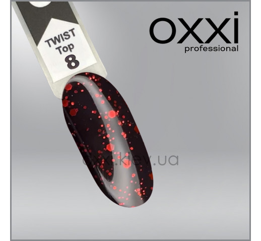 Топ для гель-лака Oxxi Professional Twist Top 8, прозрачный с красной крошкой, 10 мл